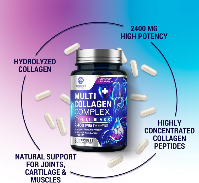 Collagen Peptides for Women & Men - Hydrolyzed Collagen Supplement for Hair, Nail, Skin, Bone and Joint Support, Type I, II, III, V, X, Grass Fed Collagen Powder Pills, Non-GMO - 60 Count