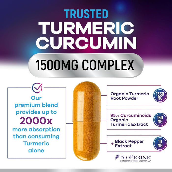 Turmeric Curcumin Supplement 1500mg - 95% Curcuminoids with BioPerine Black Pepper for Best Absorption - Best Natural Vegan Joint Support - Bottled in USA, Non-GMO, Organic Tumeric - 120 Capsules