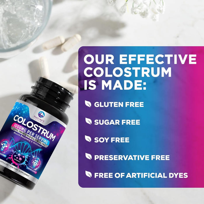 Colostrum Supplement 1000mg 20% Immunoglobulins for Gut Health, Immune Support, Muscle, Skin & Hair Growth, Bovine Colostrum Powder, Nature's Colostrum for Women & Men, Bottled in USA - 60 Count
