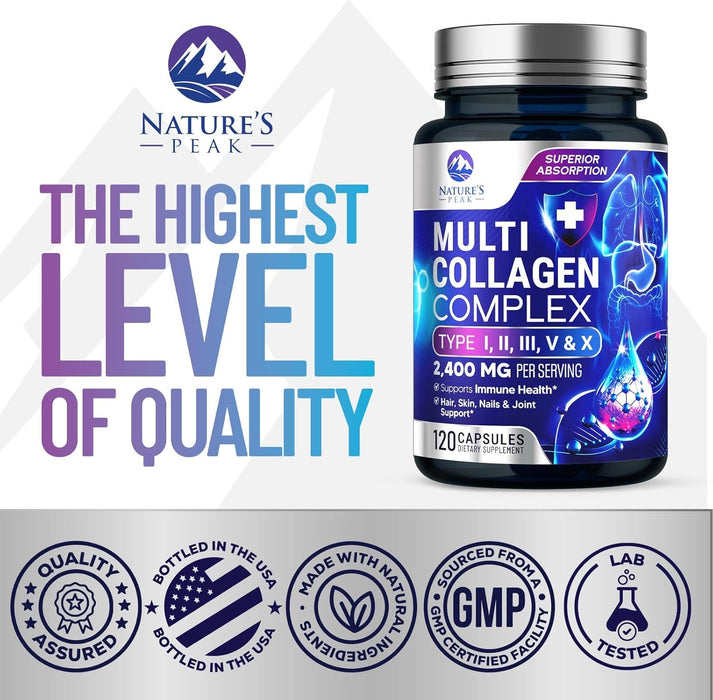 Collagen Peptides for Women & Men - Hydrolyzed Collagen Supplement for Hair, Nail, Skin, Bone and Joint Support, Type I, II, III, V, X, Grass Fed Collagen Powder Pills, Non-GMO