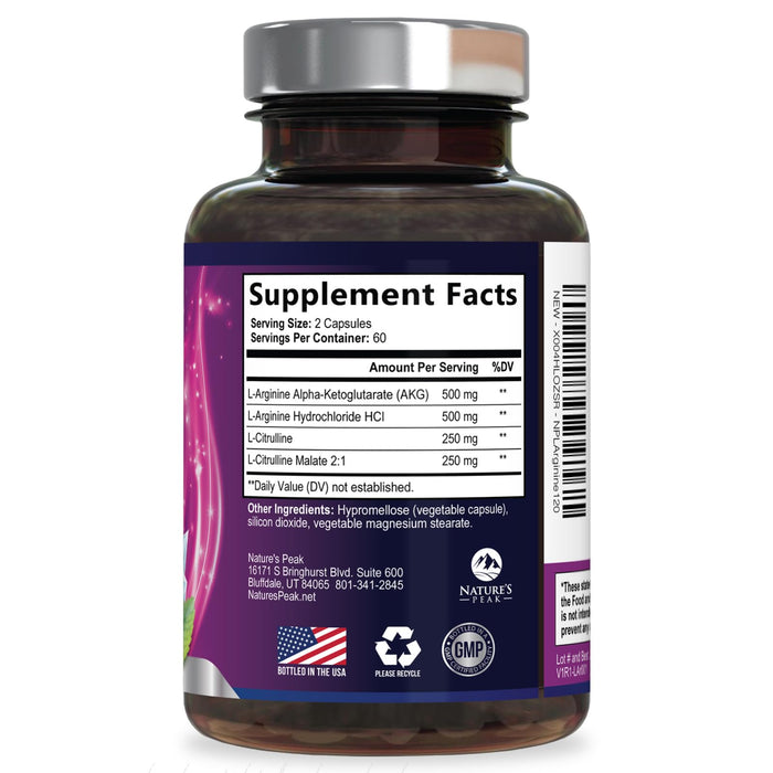 Nitric Oxide Formula with L-Arginine – 1000mg – 120 Count