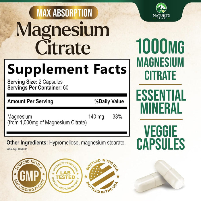 Magnesium Citrate 1000mg - High Absorption Magnesium Supplement Supports Muscle, Bone, Nerve & Heart Health - Extra Strength Magnesio Complex Pills - Non-GMO, Premium Energy Formula - 120 Capsules