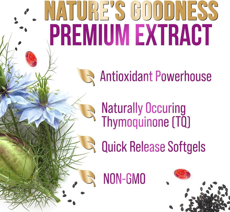 Black Seed Oil Softgels 1000mg - Premium Extra Strength Nigella Sativa Black Seed Oil, Pure Black Cumin Seed Oil for Hair, Skin, Brain Health & Immune Support, Non-GMO, Sugar & Gluten Free - 60 Count