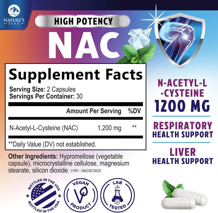 NAC Supplement N-Acetyl Cysteine 1200 mg - Supports Lung & Liver Health - Immune Support with Powerful Antioxidants to Fight Free Radicals - Easy to Absorb, Gluten Free, Non-GMO