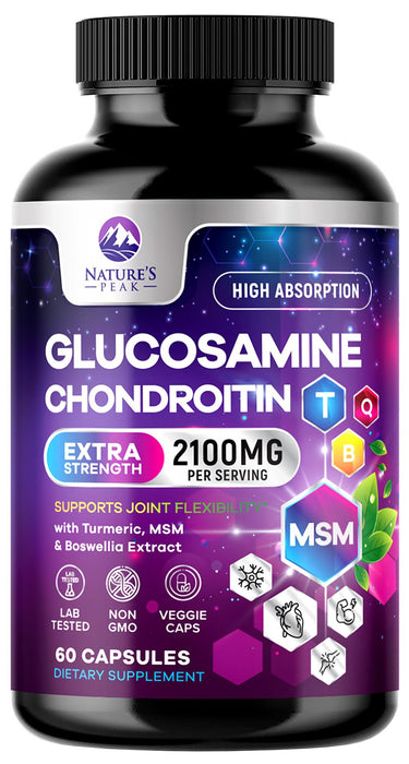 Glucosamine Chondroitin MSM Joint Supplement 2100mg - with Glucosamine Sulfate, Turmeric, Boswellia, Quercetin & Bromelain â€“ Nature's Extra Strength Flexibility, Mobility & Joint Support, 60 Capsules