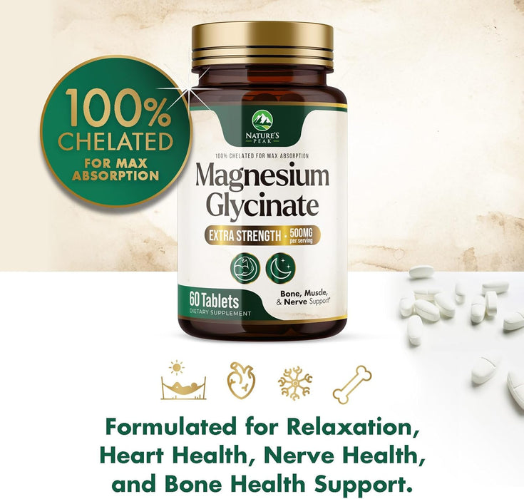 Nature's Magnesium Glycinate 500 mg - High Absorption Magnesium Supplement Pills to Support Heart Health, Muscle, Nerve & Bone Support, Vegan, Non-GMO Dietary Supplement Magnesium Pills - 60 Count