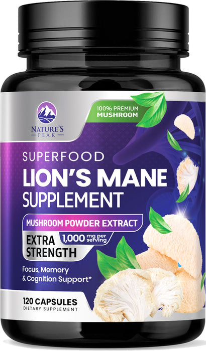 Lions Mane Supplement Mushroom Capsules 10,000mg, Lions Mane Mushroom Supplement Capsules for Memory and Focus Support, Brain, Immune Health Support, Non-GMO Lionâ€™s Mane Powder Extract - 120 Count