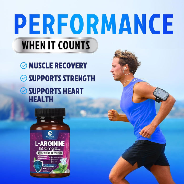 L-Arginine 1000mg Supplement - Heart Health Support - Premium Muscle Supporting Nitric Oxide Precursor Booster for Extra Strength - Gluten Free, Amino Acid Energy Blend For Men & Women - 60 Count