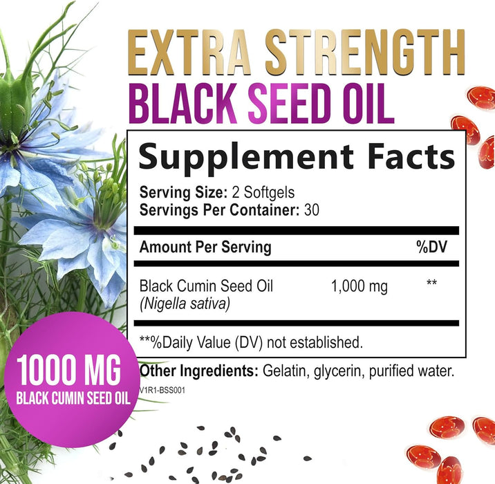 Black Seed Oil Softgels 1000mg - Premium Extra Strength Nigella Sativa Black Seed Oil, Pure Black Cumin Seed Oil for Hair, Skin, Brain Health & Immune Support, Non-GMO, Sugar & Gluten Free - 60 Count