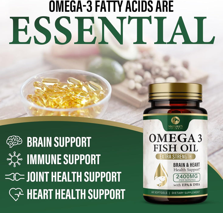 Nature's Peak Fish Oil 2400 mg - Triple Strength Fish Oil Supplement, Omega 3 Fish Oil w/EPA & DHA Fatty Acids for Healthy Heart Support, Burpless Omega 3 Supplements - 60 Count