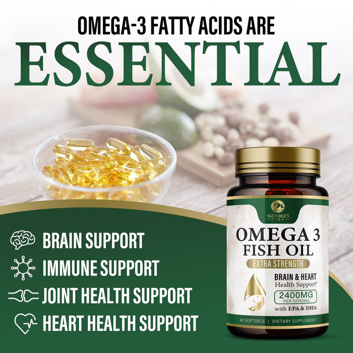 Nature's Peak Fish Oil 2400 mg - Triple Strength Fish Oil Supplement, Omega 3 Fish Oil w/EPA & DHA Fatty Acids for Healthy Heart Support, Burpless Omega 3 Supplements - 60 Count