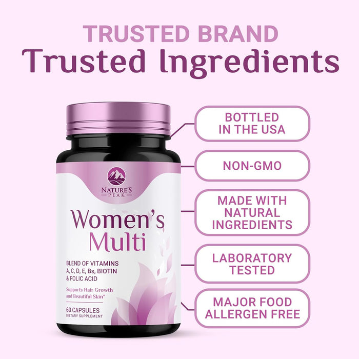 Multivitamin for Women - Complete Daily Womens Multivitamins with Calcium, Folate, Vitamin A, C, D, E & B Vitamins, Zinc and Iron - Multi Vitamins for Bone, Energy & Immune Support - 60 Capsules