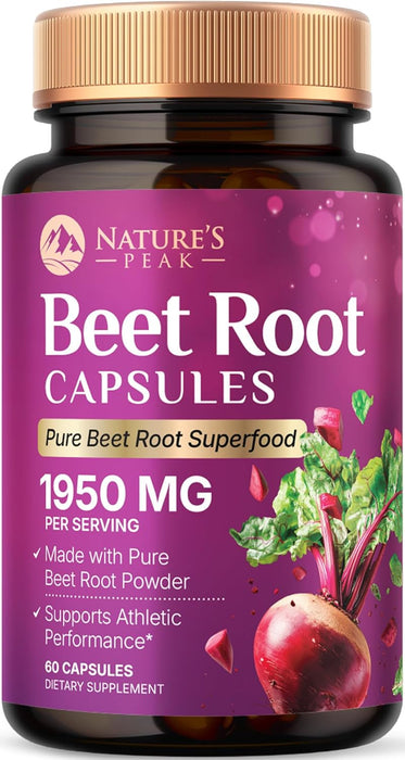 Beet Root Capsules 1950mg - Organic Beetroot Powder in Vegan Capsules - Premium Beet Root Powder Supplement Supports Nitric Oxide Production, Heart Health & Natural Energy - Bottled in USA - 60 Count