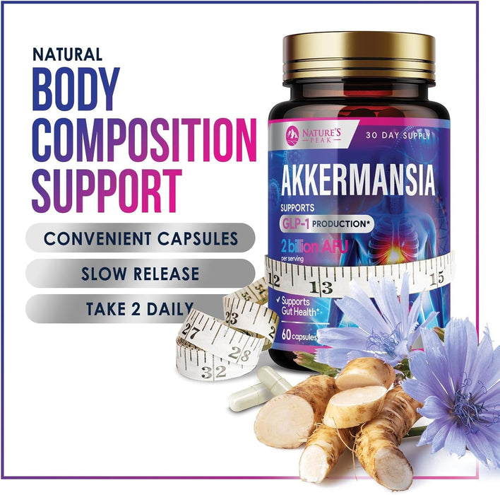 Akkermansia Probiotic with Prebiotic Fiber - Akkermansia Muciniphila GLP-1 Probiotics for Women & Men - Digestive, Gut, Overall Health & Immune Support, Third-Party Tested, Gluten-Free - 60 Count