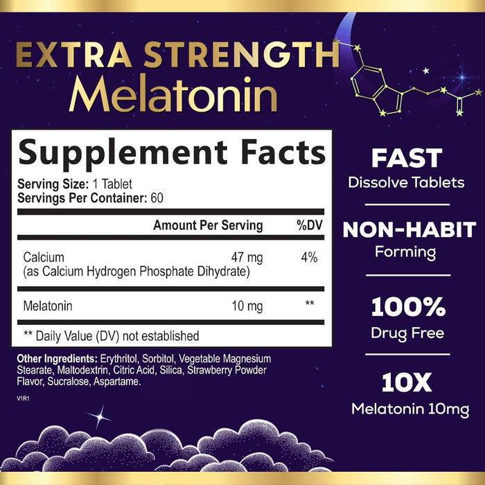 Melatonin 10mg, Strawberry-Flavored Fast Dissolve Tablets for Natural Sleep Support, Maximum Strength Melatonin Dietary Sleep Supplement for Adults, Sugar Free, Vegetarian, Non-GMO - 60 Count