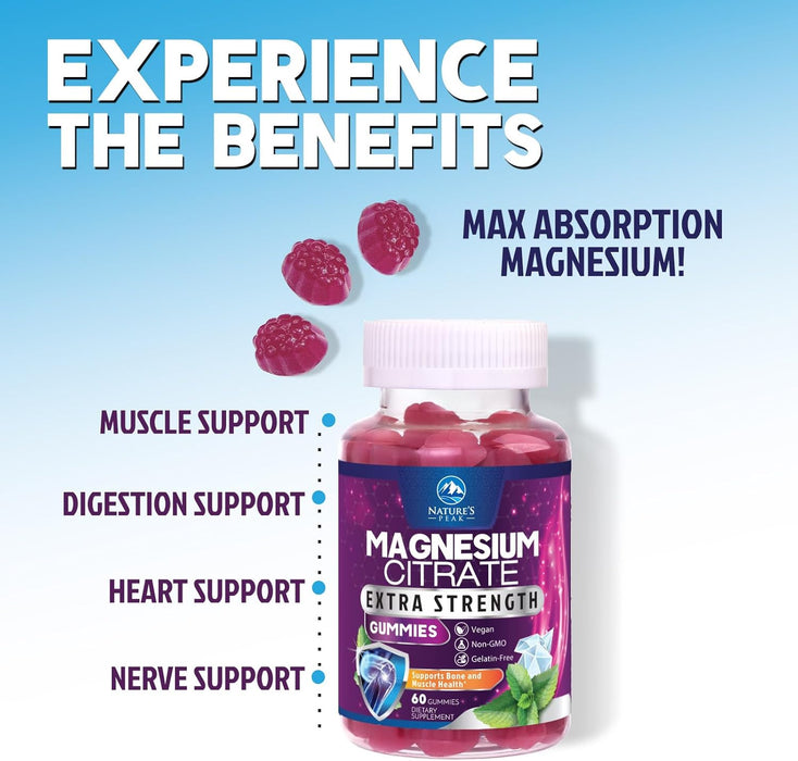 Magnesium Gummy - High Absorption Magnesium Citrate Supplement for Stress Support for Adults & Kids - Calm Magnesium Gummies Dietary Supplements - Bone Support & Heart Support - 60 Gummies