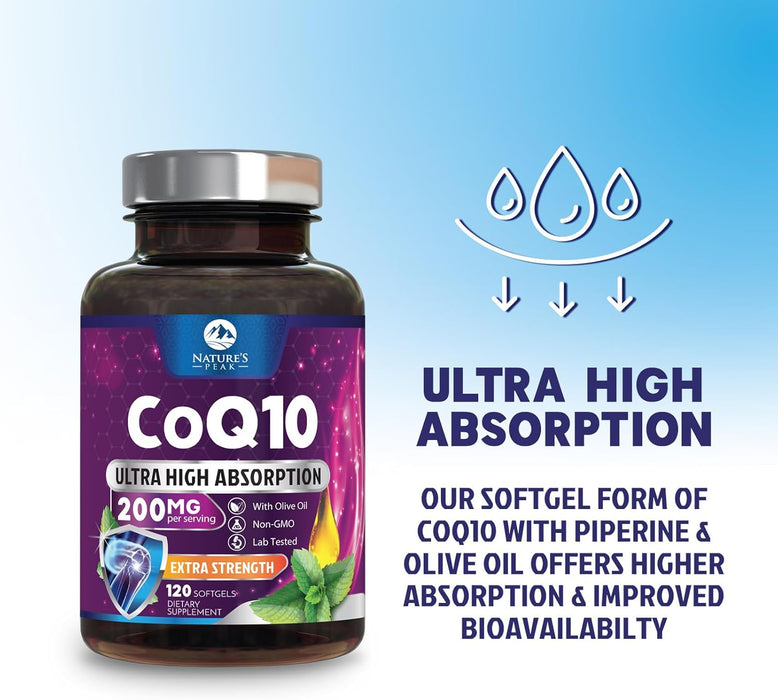 CoQ10 200mg - Ultra High Absorption Co Q 10 Softgel Supplement With Black Pepper, Energy & Heart Health Support Antioxidant - Coenzyme Q10 (Ubiquinone) for Women & Men, Bottled in USA - 120 Softgels