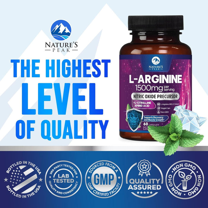 L-Arginine 1000mg Supplement - Heart Health Support - Premium Muscle Supporting Nitric Oxide Precursor Booster for Extra Strength - Gluten Free, Amino Acid Energy Blend For Men & Women - 60 Count