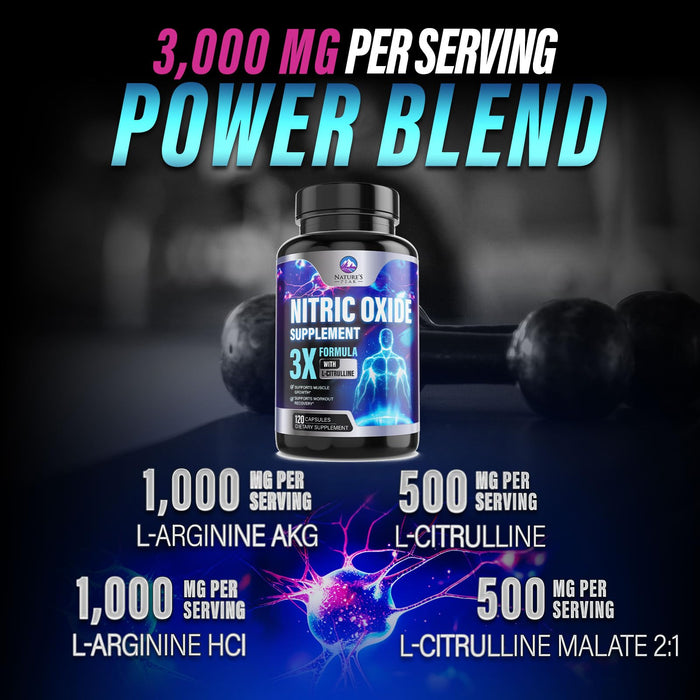 Nitric Oxide Supplement 3000mg L Arginine 3X Strength - Citrulline Malate & AKG - Extra Strength Muscle Supporting Nitric Booster for Muscle Growth & Workout Recovery to Train Harder - 120 Count
