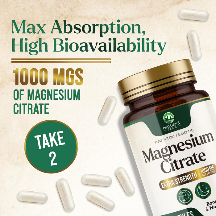 Magnesium Citrate 1000mg - High Absorption Magnesium Supplement Supports Muscle, Bone, Nerve & Heart Health - Extra Strength Magnesio Complex Pills - Non-GMO, Premium Energy Formula - 240 Capsules