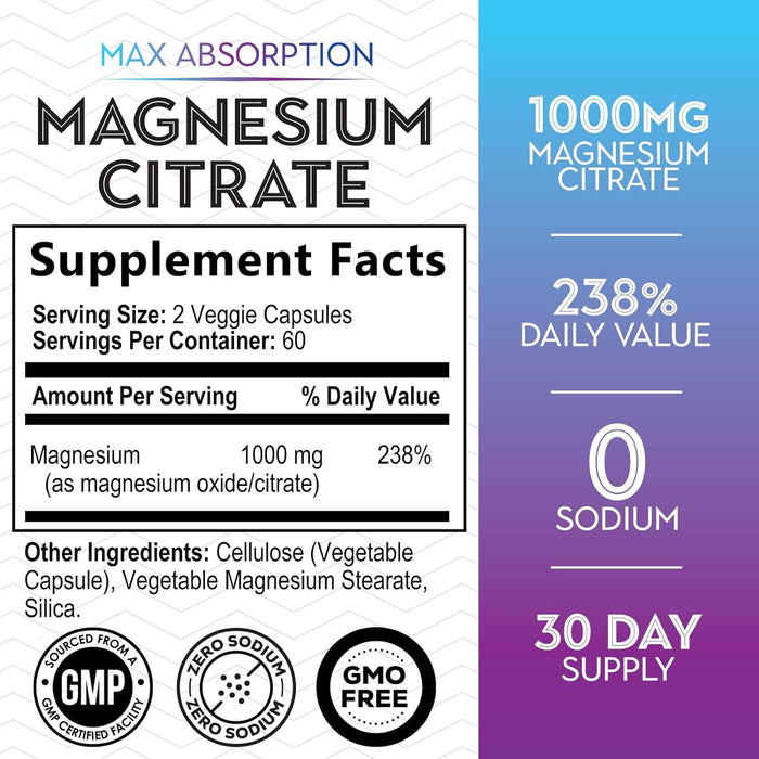 Magnesium Supplement 1000mg - Extra Strength Magnesium Complex for Muscle, Nerve, Bone & Heart Health Support - High Absorption Magnesium Citrate 500mg Capsules