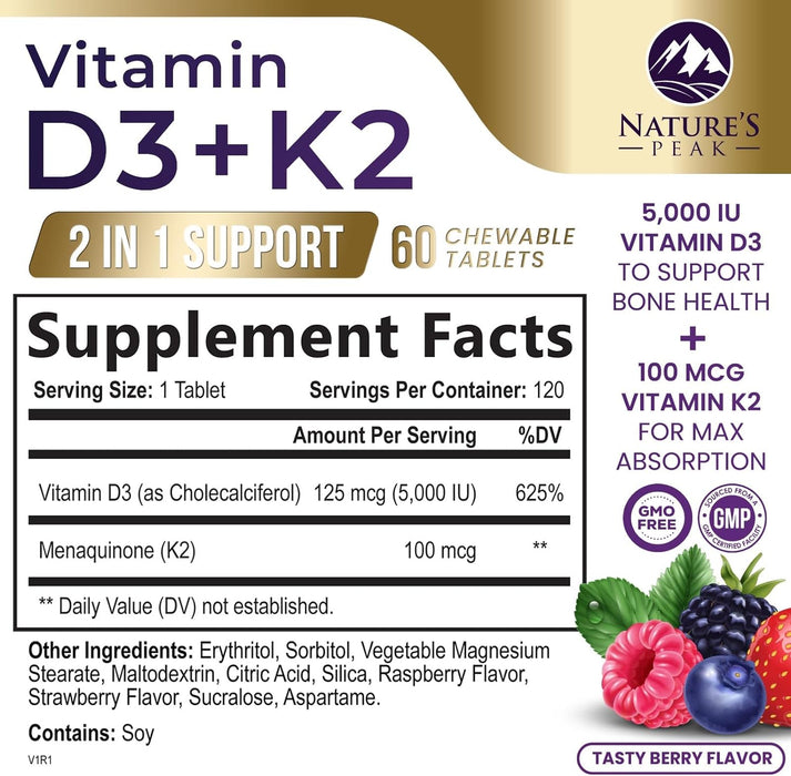 Nature's Peak D3 K2 Vitamin Supplement - 5000iu of D-3 & 100mcg of K2 as MK-7 Supports Calcium Absorption for Joints, Bones & Teeth Plus Immune Support - Non-GMO, Berry Flavor - 120 Count