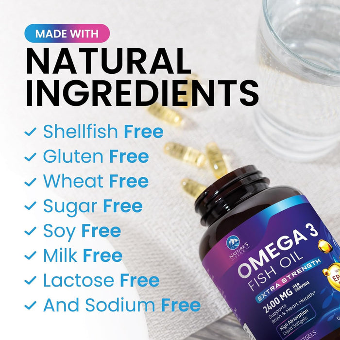 Triple Strength Omega 3 Fish Oil 2400 mg Softgels, Nature's Fish Oil Supplements, Brain & Heart Health Support - EPA & DHA, 1200 MG Fish Oil in Each Softgel, Omega-3 Supplement Softgels - 60 Count