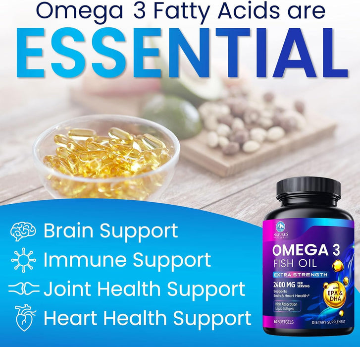 Triple Strength Omega 3 Fish Oil 2400 mg Softgels, Nature's Fish Oil Supplements, Brain & Heart Health Support - EPA & DHA, 1200 MG Fish Oil in Each Softgel, Omega-3 Supplement Softgels - 60 Count