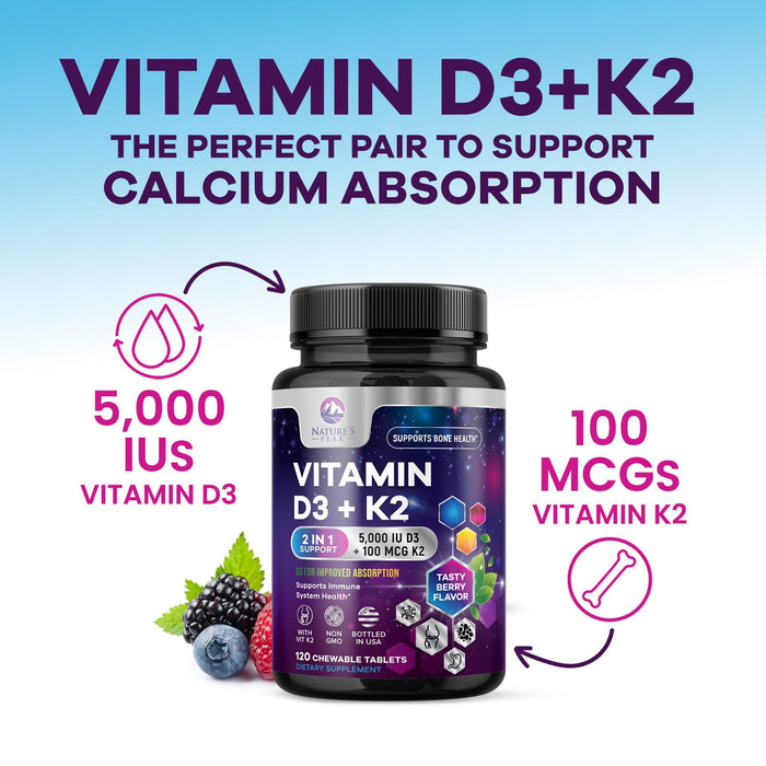 Nature's Peak D3 K2 Vitamin Supplement - 5000iu of D-3 & 100mcg of K2 as MK-7 Supports Calcium Absorption for Joints, Bones & Teeth Plus Immune Support - Non-GMO, Berry Flavor - 120 Count