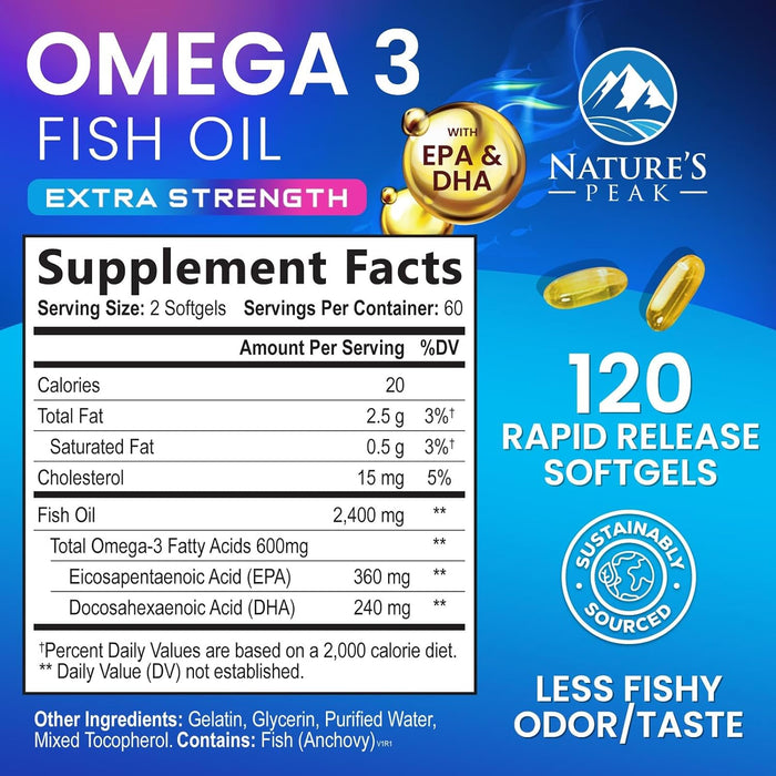 Triple Strength Omega 3 Fish Oil 2400 mg Softgels, Nature's Fish Oil Supplements, Brain & Heart Health Support - EPA & DHA, 1200 MG Fish Oil in Each Softgel, Omega-3 Supplement Softgels