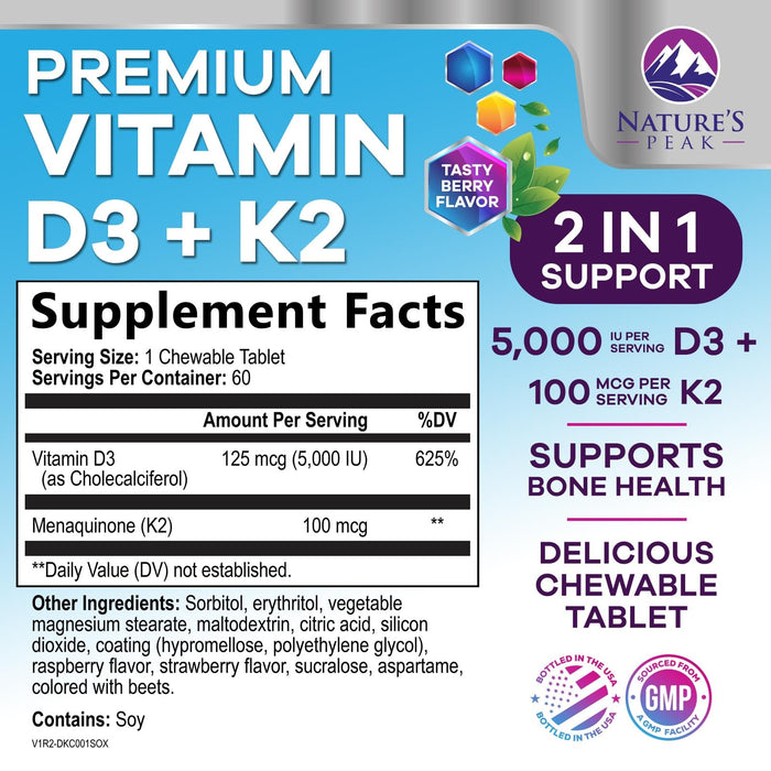 Vitamin D3 + K2 (MK-7) – 5000 IU D3 – 60 Count