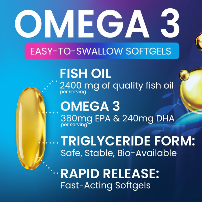 Triple Strength Omega 3 Fish Oil 2400 mg Softgels, Nature's Fish Oil Supplements, Brain & Heart Health Support - EPA & DHA, 1200 MG Fish Oil in Each Softgel, Omega-3 Supplement Softgels - 60 Count