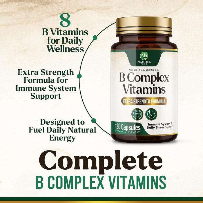 B Complex Vitamin Supplement 1000mcg - 3X Strength with Vitamin C & Folic Acid - Super B Complex Vitamins for Energy, Supports Hair Growth, Immune Support for Women & Men, USA Bottled - 120 Capsules