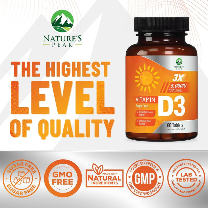 Vitamin D3 5000 IU (125 mcg) - High Potency Vitamin D Chewables for Bone, Teeth, Muscle & Immune Support, Sugar Free, Non-GMO, Gluten Free, Extra Strength Vitamin D Supplements - 60 Count
