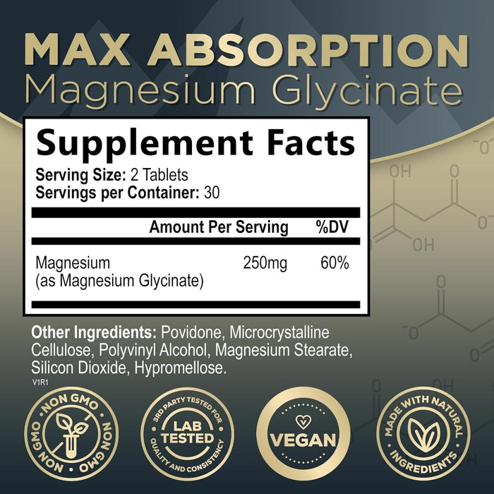 Magnesium Glycinate 250mg - 100% Chelated for Max Absorption, Magnesium Capsules for Bone, Muscle & Heart Health Support, Nature's Magnesium Supplement, Vegan, Gluten Free, Non-GMO