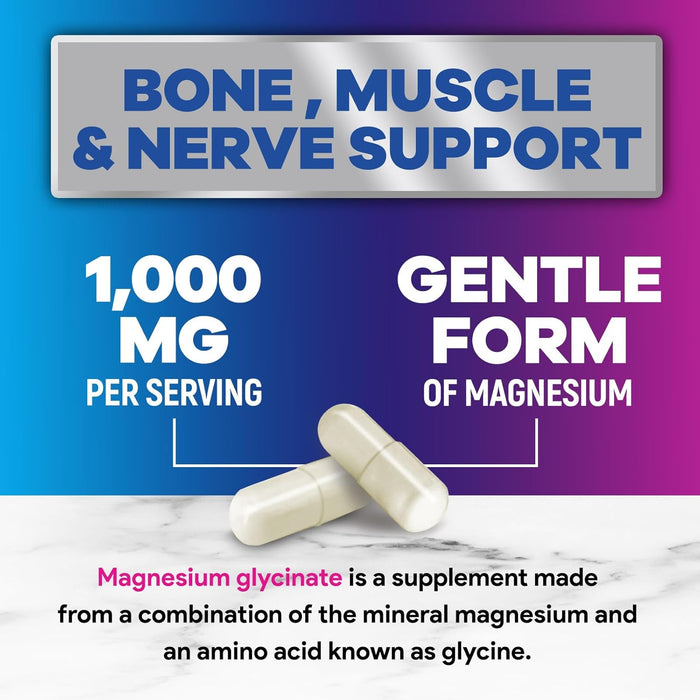 Pure Magnesium Glycinate 1000 mg - Max Absorption Magnesium Supplement for Muscle, Heart, Bone, Energy and Nerve Health Support, Support, Nature's Magnesium Pills for Women & Men