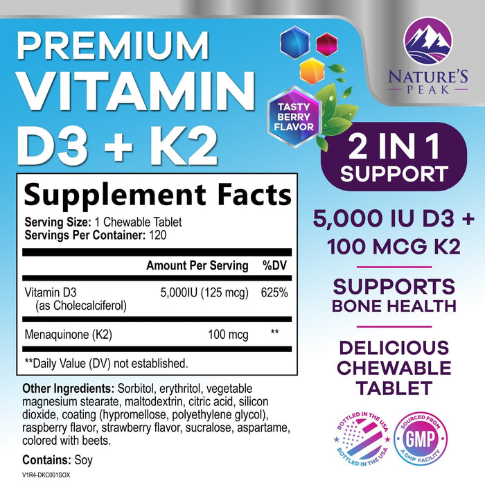 Nature's Peak D3 K2 Vitamin Supplement - 5000iu of D-3 & 100mcg of K2 as MK-7 Supports Calcium Absorption for Joints, Bones & Teeth Plus Immune Support - Non-GMO, Berry Flavor - 120 Count