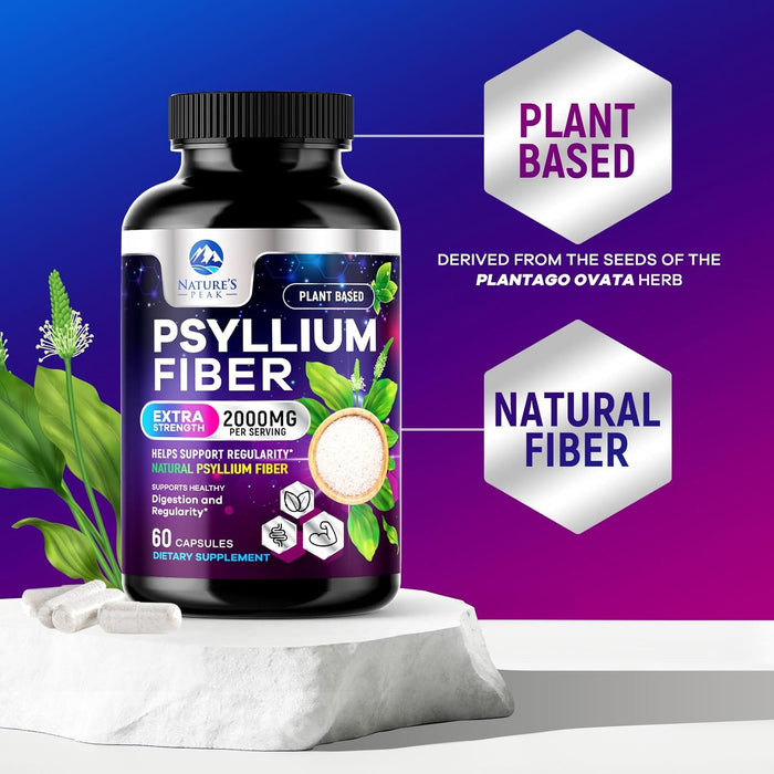 Psyllium Fiber Supplement 1500mg - Non-GMO, Natural Soluble Fiber for Daily Digestive Health & Regularity Support, Prebiotic Psyllium Husk Powder Caps with Plant Based Fiber, Sugar Free - 60 Count