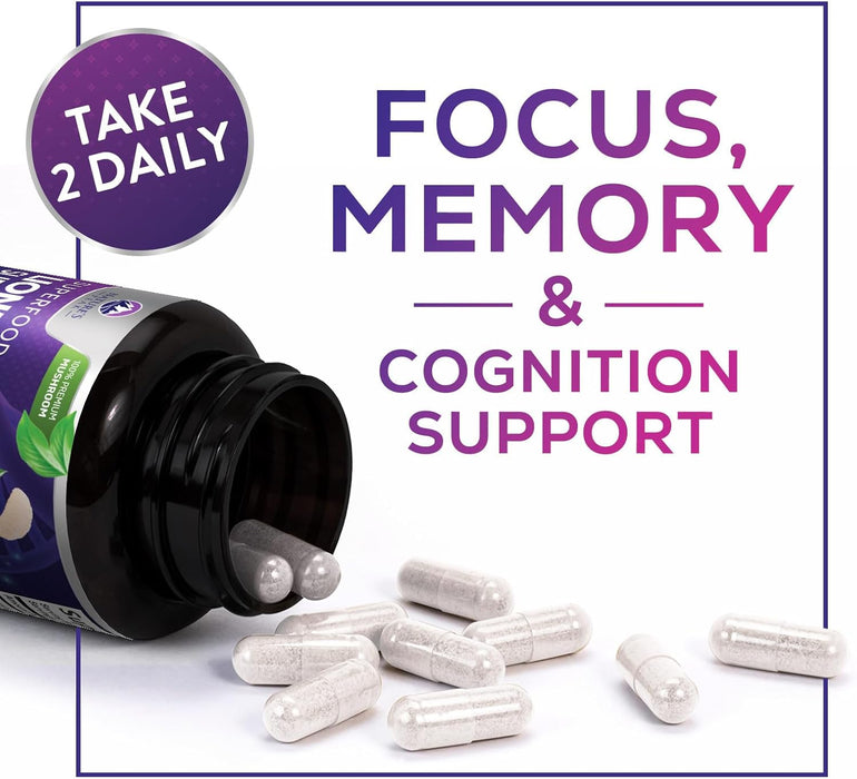 Lions Mane Supplement Mushroom Capsules 10,000mg, Lions Mane Mushroom Supplement Capsules for Memory and Focus Support, Brain, Immune Health Support, Non-GMO Lion’s Mane Powder Extract - 60 Count