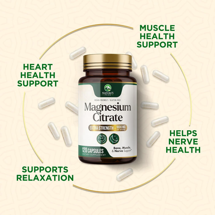 Magnesium Citrate 1000mg - High Absorption Magnesium Supplement Supports Muscle, Bone, Nerve & Heart Health - Extra Strength Magnesio Complex Pills - Non-GMO, Premium Energy Formula - 120 Capsules