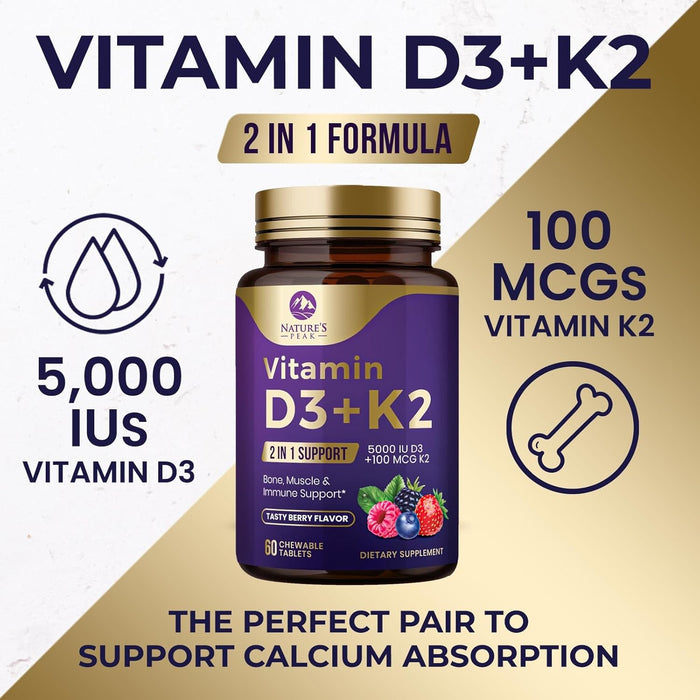 Nature's Peak D3 K2 Vitamin Supplement - 5000iu of D-3 & 100mcg of K2 as MK-7 Supports Calcium Absorption for Joints, Bones & Teeth Plus Immune Support - Non-GMO, Berry Flavor - 60 Count