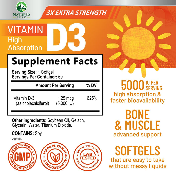 Vitamin D3 5000 IU Softgels (125 mcg) – 60 Count