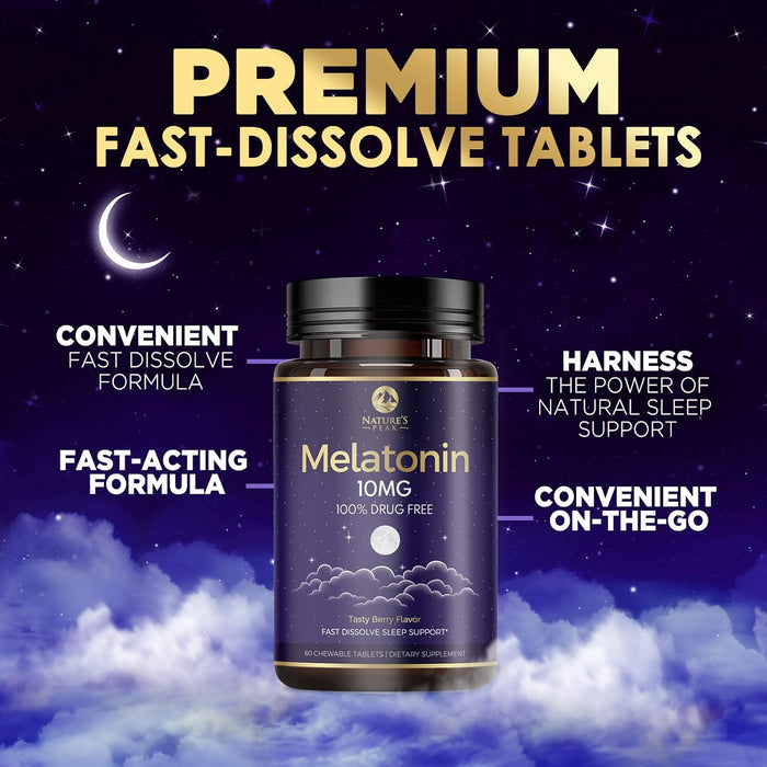 Melatonin 10mg, Strawberry-Flavored Fast Dissolve Tablets for Natural Sleep Support, Maximum Strength Melatonin Dietary Sleep Supplement for Adults, Sugar Free, Vegetarian, Non-GMO - 60 Count