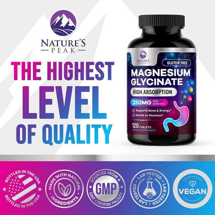 Magnesium Glycinate 250mg - 100% Chelated for Max Absorption, Magnesium Capsules for Bone, Muscle & Heart Health Support, Nature's Magnesium Supplement, Vegan, Gluten Free, Non-GMO - 120 Count