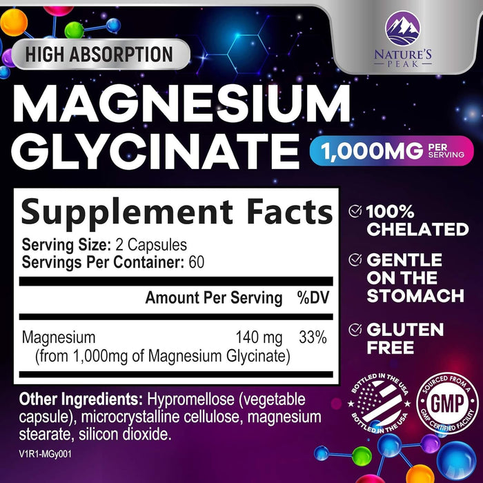 Pure Magnesium Glycinate 1000 mg - Max Absorption Magnesium Supplement for Muscle, Heart, Bone, Energy and Nerve Health Support, Support, Nature's Magnesium Pills for Women & Men