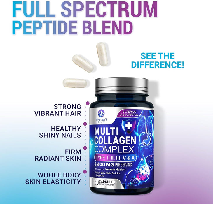 Collagen Peptides for Women & Men - Hydrolyzed Collagen Supplement for Hair, Nail, Skin, Bone and Joint Support, Type I, II, III, V, X, Grass Fed Collagen Powder Pills, Non-GMO - 60 Count