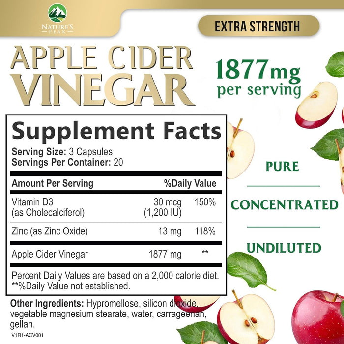 Apple Cider Vinegar Capsules - Extra Strength ACV Supplement with Vitamin D3 & Zinc for Energy, Digestion & Immune Support Balance - Non-GMO, Gluten-Free ACV Pills for Detox & Cleanse - 60 Count
