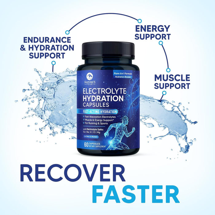 Electrolytes Supplement - 6-in-1 Advanced Hydration Complex with Sodium Chloride, Magnesium, Potassium, Calcium, Vitamin D3 - Best Sugar Free Hydrating Mineral Salt Pills - Vegan & Keto - 60 Capsules