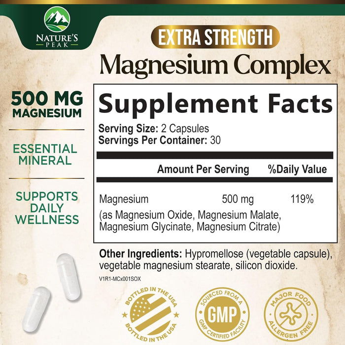 Magnesium Complex 500mg Supplement - Best Blend of Glycinate, Citrate, Malate & Oxide, Supports Sleep, Muscle, Bone & Heart Health, High Absorption, Chelated Magnesium Mineral Supplement, 60 Capsules