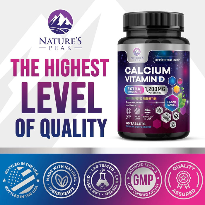 Calcium 1200 mg Plus Vitamin D3, Bone Health & Immune Support - Nature's Calcium Supplement with High Potency Vitamin D for Extra Strength Carbonate Absorption Dietary Supplement - 60 Count